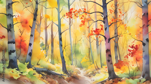 watercolor illustration  Fall foliage paints the forest in vibrant colors of red  orange  and yellow.