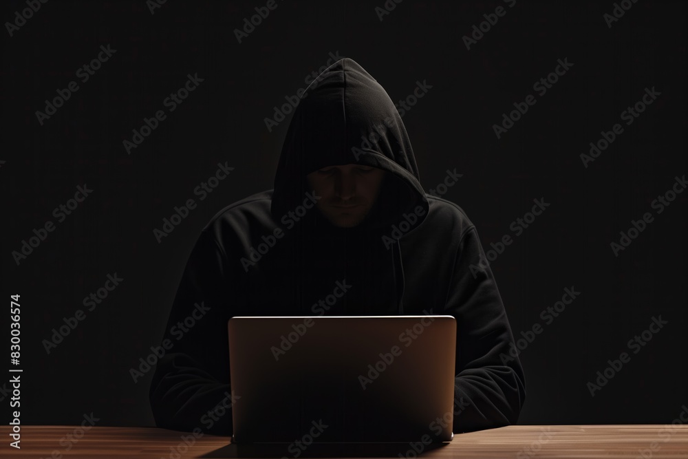 Hacker with a laptop in a desk, his face cannot be seen, dark environment, internet security concept. Copy space Hacker with a laptop in a desk, his face cannot be seen, dark environment, internet security concept. Copy space