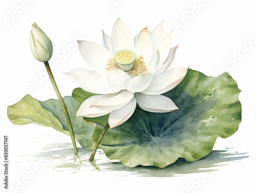 Blooming white lotus flowers with green leaves and buds