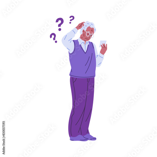 Detailed vector illustration of an elderly man with glasses suffering from memory loss