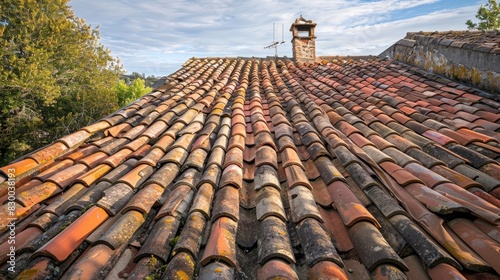 Mossy, old tiles on an old house. Generative AI