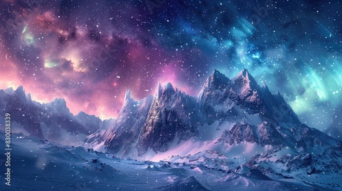 A photo of a snowy mountain with crystalline ice structures, a night sky with northern lights and twinkling stars in the background photo