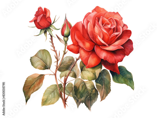 Watercolor floral bouquet composition with red roses, isolated white background