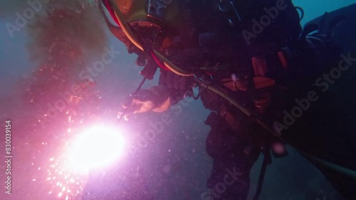 Commercial diver cutting steel underwater closeup