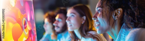 Group of learners attending a webinar, collaborative online education, advanced technology, engaged and interactive, digital learning, modern and efficient, bright setting, copy space, high