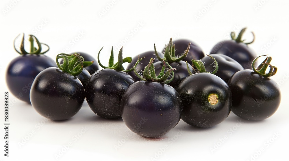 Black cherry tomatoes on a white backdrop with isolated Indigo tomatoes Black cherry tomatoes on a white backdrop with isolated Indigo tomatoes