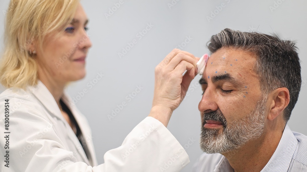 Fototapeta premium Doctor preparing patient's forehead for cosmetic procedure at clinic.