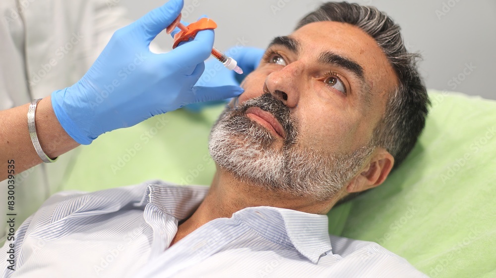 Doctor performing cosmetic injection on male patient's face at clinic Doctor performing cosmetic injection on male patient's face at clinic