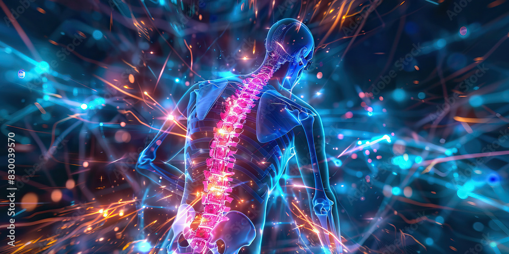 Radiating Back Pain: The Sharp, Radiating Pain of Back Discomfort - Visualize a scene where back pain radiates from a central point, spreading outwards and affecting the surrounding areas Radiating Back Pain: The Sharp, Radiating Pain of Back Discomfort - Visualize a scene where back pain radiates from a central point, spreading outwards and affecting the surrounding areas