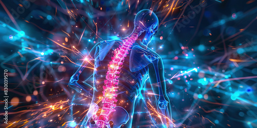 Radiating Back Pain: The Sharp, Radiating Pain of Back Discomfort - Visualize a scene where back pain radiates from a central point, spreading outwards and affecting the surrounding areas photo