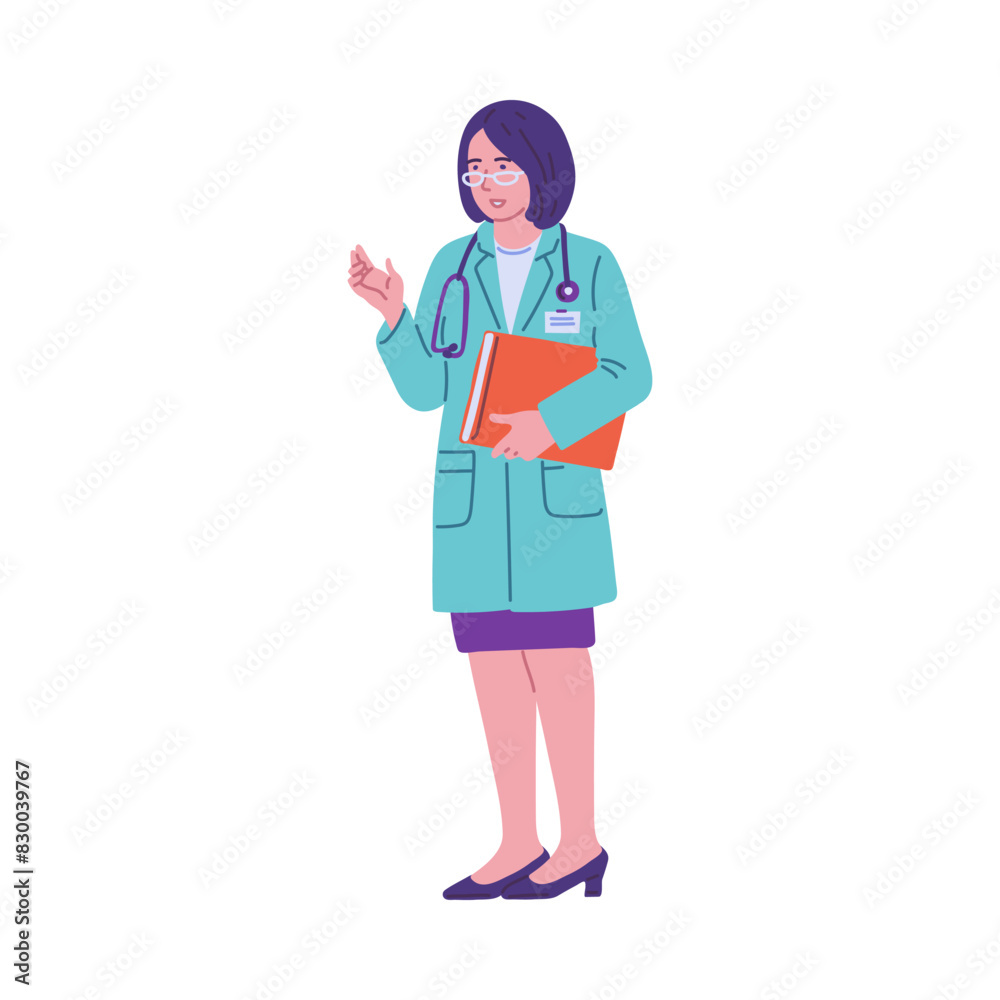 Woman doctor physician with stethoscope holding clipboard, vector general practitioner therapist, GP in medical uniform Woman doctor physician with stethoscope holding clipboard, vector general practitioner therapist, GP in medical uniform
