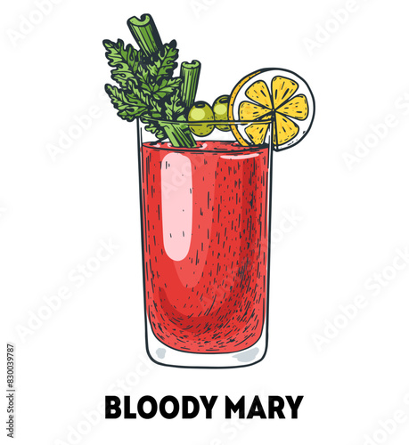 Bloody mary cocktail illustration. Hand drawn sketch. Vector illustration. Isolated object.