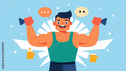 During a difficult workout a man cheers himself on with words of encouragement and praise.. Vector illustration photo
