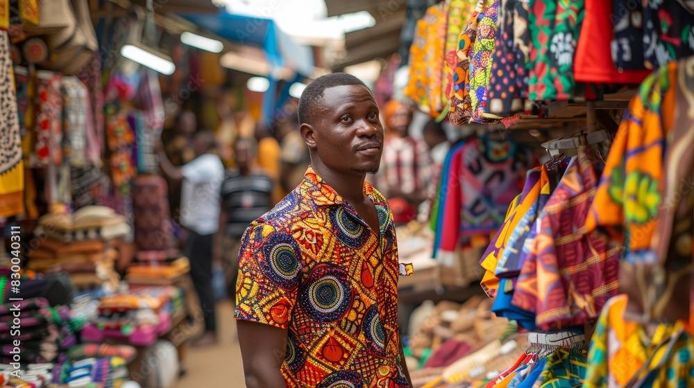 Man shopping in a bustling market, cultural diversity, daily life, vibrant and lively, traditional attire, colorful surroundings, community atmosphere, copy space. Man shopping in a bustling market, cultural diversity, daily life, vibrant and lively, traditional attire, colorful surroundings, community atmosphere, copy space.