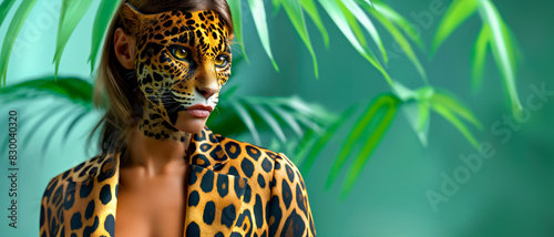 Fashion portrait of young woman adorned with jaguar or leopard print body art across her face posing against a pale blue background with tropical leaves photo