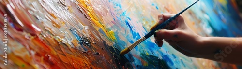 Artist painting on a canvas, vibrant studio, focused and creative, artistic expression, colorful and lively, bright and inspiring, creative process, copy space.