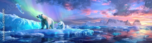 A majestic polar bear with cubs on icy terrain under the northern lights and a vibrant sky at sunset, surrounded by icy water.