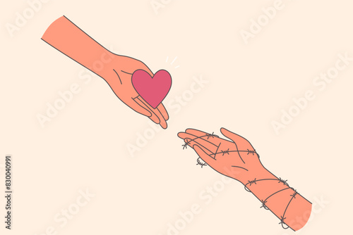 Palm with loving heart reaches out to hand in prickly hole, symbolizing toxic relationships and love