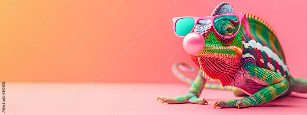 Obraz premium Colorful Chameleon with Sunglasses Blowing Bubble Gum - Fun and Whimsical Animal Portrait for Print, Card, Poster