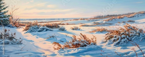 Beautiful winter landscape with soft sunlight casting shadows on snow-covered fields, capturing the serene beauty of nature in the colder months. photo