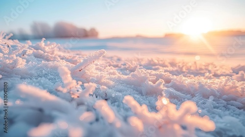 A serene winter landscape at sunrise, with a close-up of frost-covered ground and a soft pastel-colored sky in the background. photo