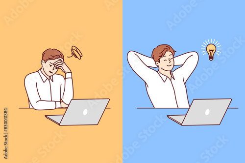 Pensive man office employee relaxing, coming up with good idea for startup, sitting near laptop. Business guy before and after idea appearance for completing task or getting new high paying job