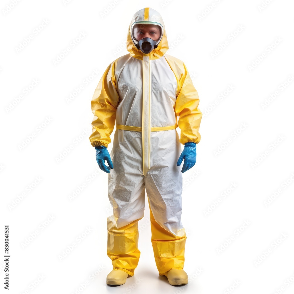 Man Wearing Yellow and White Protective Suit. Generative AI Man Wearing Yellow and White Protective Suit. Generative AI