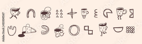 Set of retro doodle funny coffee characters and geometric shapes and doodles posters. Latte, cappuccino, coffee cup mascot. Nostalgia 70s, 80s. Print design for cafe