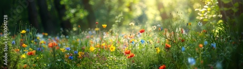 Wildflowers in a forest clearing, vibrant and colorful, serene and peaceful, natural beauty, lush greenery, bright and lively, untouched nature, copy space.
