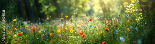 Wildflowers in a forest clearing, vibrant and colorful, serene and peaceful, natural beauty, lush greenery, bright and lively, untouched nature, copy space. photo