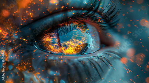 Explosive Cosmic Eye with Fiery Details and Reflections. Generative AI photo