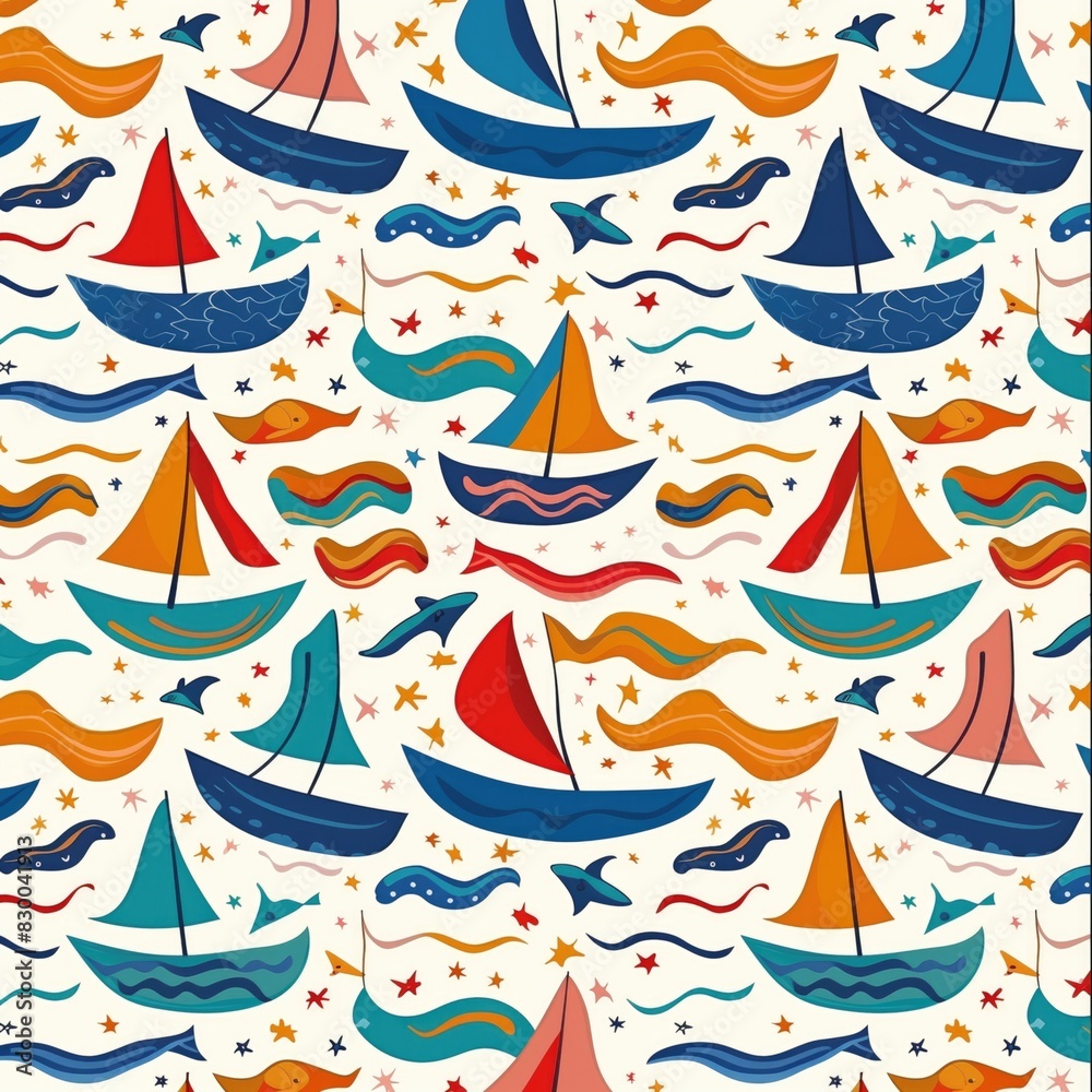 A playful and colorful boat pattern featuring various sailboats, waves, and marine elements. A playful and colorful boat pattern featuring various sailboats, waves, and marine elements.