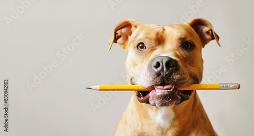 Portrait of a dog with a pencil in its teeth, copyspace