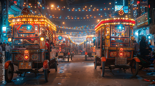 captivating image of bustling street of Karachi vibrant market colorful rickshaw diverse array of people reflecting city's dynamic culture cosmopolitan atmosphere Pakistan's largest city economic hub  photo