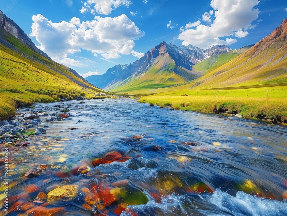 Obraz premium Mountain valley with a flowing river, serene and majestic, natural beauty, vibrant colors, clear water, untouched wilderness, panoramic view, copy space.