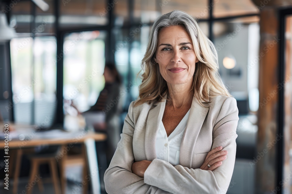 A portrait of a mature, successful senior woman boss inside the office in a business suit shows a businesswoman smiling and looking at the camera, standing with crossed arms. A portrait of a mature, successful senior woman boss inside the office in a business suit shows a businesswoman smiling and looking at the camera, standing with crossed arms.