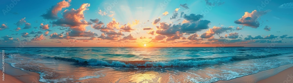 Sunset over the ocean, serene and breathtaking, vibrant colors, tranquil and peaceful, natural beauty, beach landscape, clear horizon, copy space.