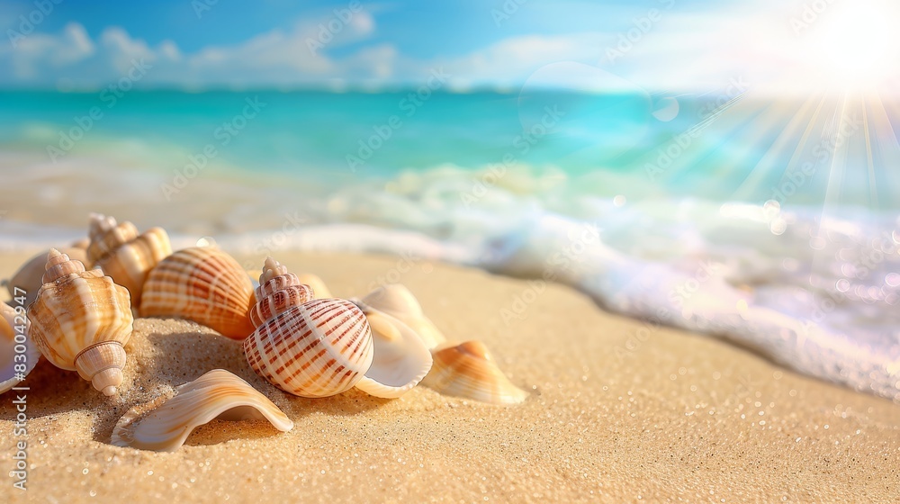 Seashells on a sandy beach, serene and picturesque, natural beauty, vibrant and colorful, tranquil setting, ocean background, bright and sunny, copy space. Seashells on a sandy beach, serene and picturesque, natural beauty, vibrant and colorful, tranquil setting, ocean background, bright and sunny, copy space.