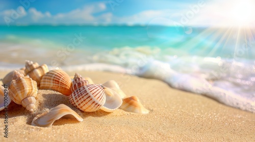 Seashells on a sandy beach, serene and picturesque, natural beauty, vibrant and colorful, tranquil setting, ocean background, bright and sunny, copy space.