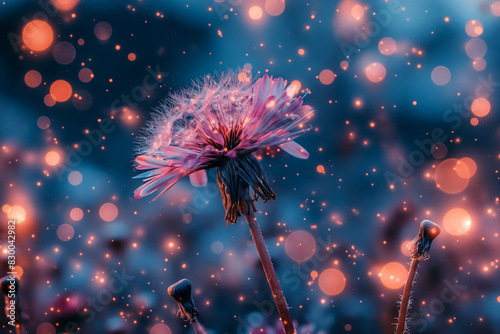 A dandelion dispersing seeds into a luminescent, nebula-infused night sky  photo