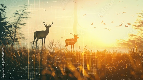 Wildlife Behavior Study: Double Exposure Silhouette with Data Charts in Natural Hues for Animal Observation Research with Copy Space © Naraksad