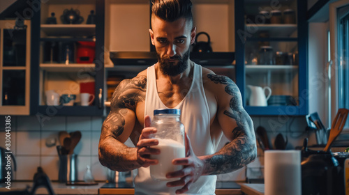 Athletic man standing in the kitchen and holding a jar of protein powder or gainer in his hands. Sports nutrition after exercise. photo