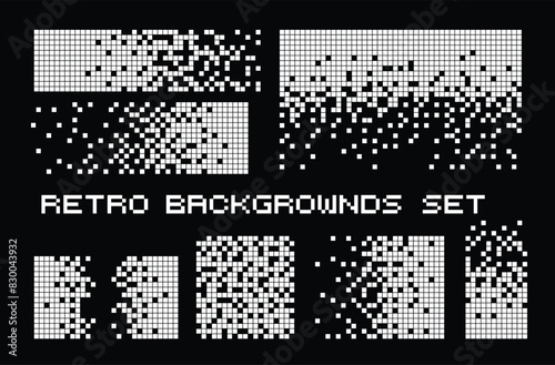 Pixel disintegration color backgrounds. Decay effect. Dispersed dotted pattern. Concept of disintegration, pixel mosaic textures with simple square particles.