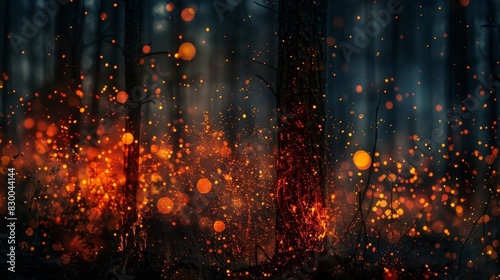 The glowing embers cast an eerie red light over the once serene forest now ravaged by fire. photo