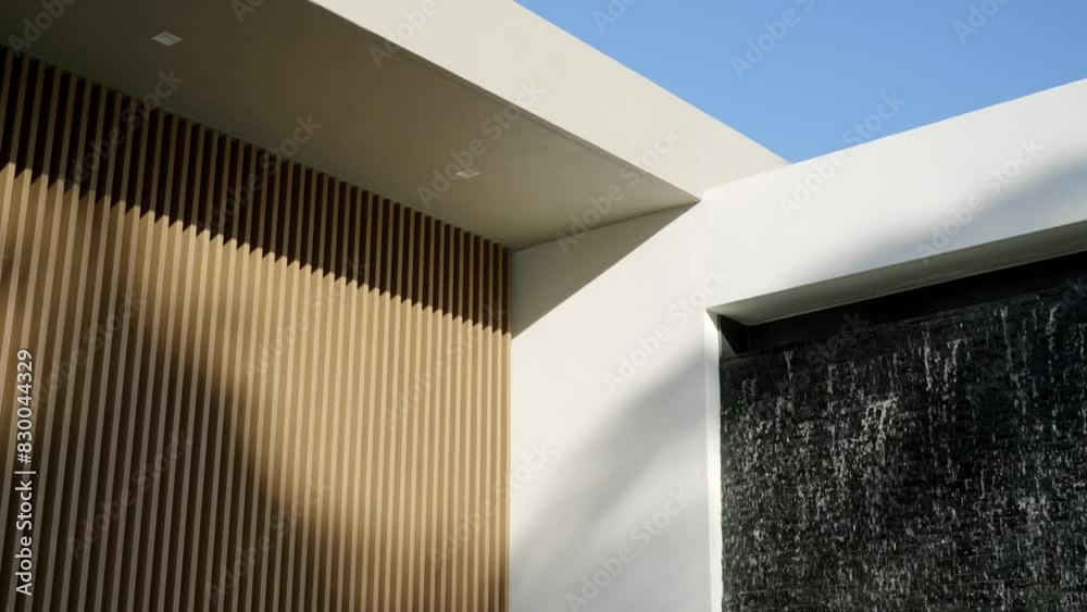 Contemporary architectural detail featuring contrast between textures and materials. Vertical wooden slat wall with warm tone and section of dark structure with running water