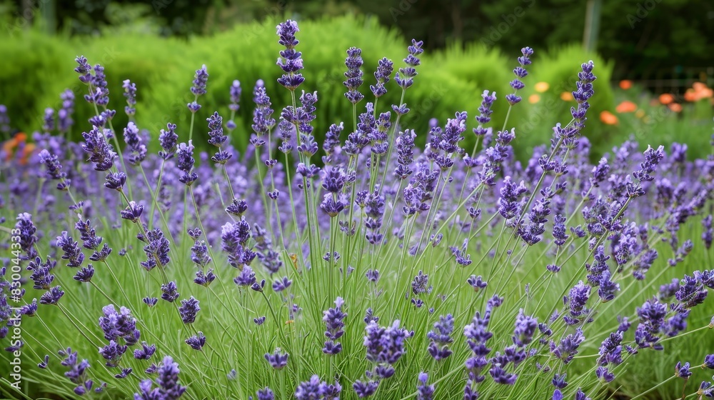 Obraz premium Lavender field in bloom, vibrant and fragrant, natural beauty, serene and peaceful, colorful flowers, sunny day, lush and alive, bright setting, copy space.