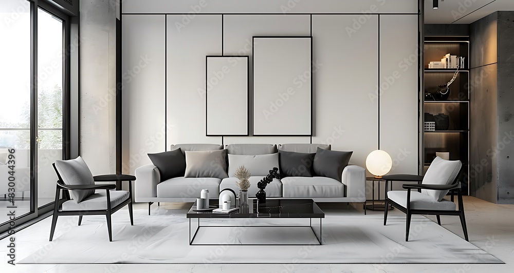Minimalist modern living room interior with a grey sofa, black chairs ...