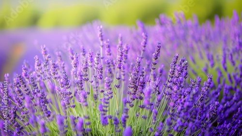 Lavender field in bloom  vibrant and fragrant  natural beauty  serene and peaceful  colorful flowers  sunny day  lush and alive  bright setting  copy space.