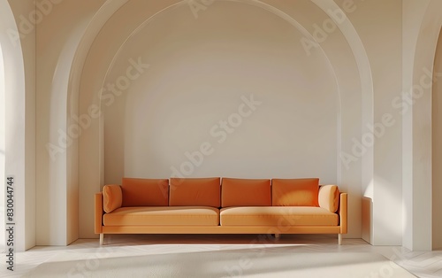 Vibrant orange sofa and pastel white walls in living room interior mockup, minimalist home decor with arched doorways © Muhammadlmran