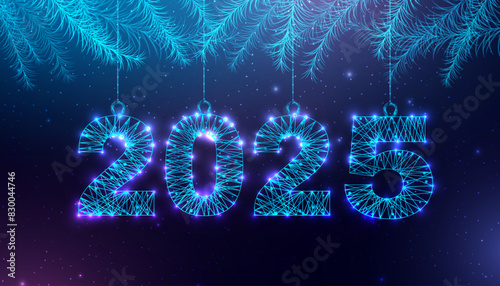 Postcard Happy New Year 2025. Low poly Christmas ball and fir branches. Numbers from a polygonal wireframe. Abstract vector illustration on a dark background.